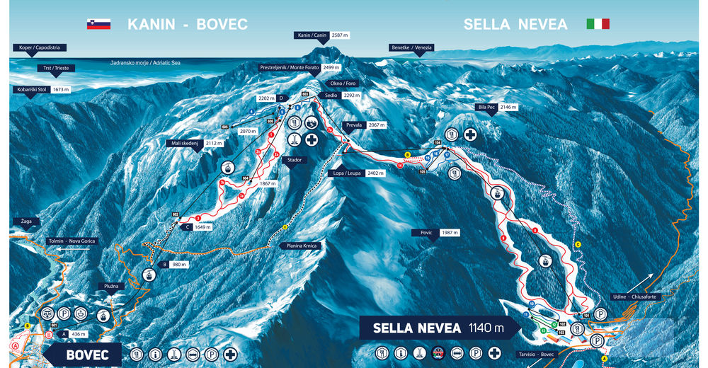 Pistenplan Skigebiet Kanin - Bovec - Sella Nevea