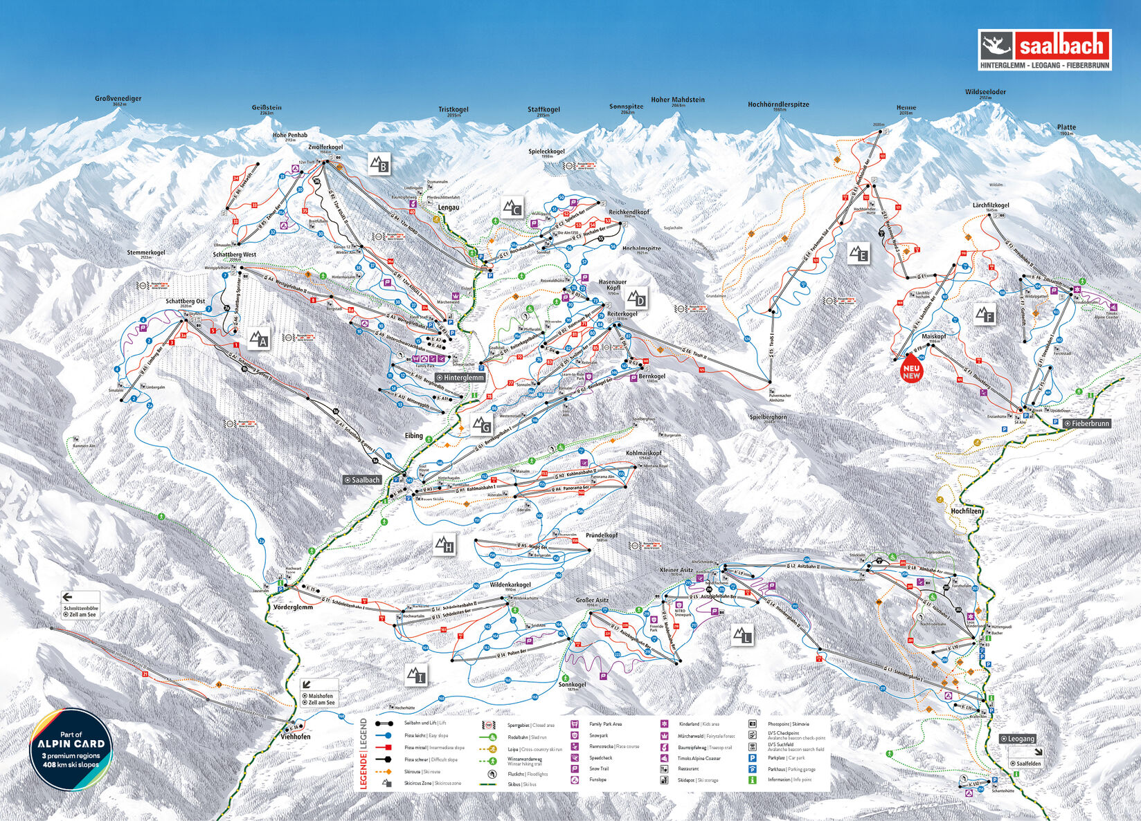 PistenplanSkigebiet Saalbach Hinterglemm / Leogang / Fieberbrunn