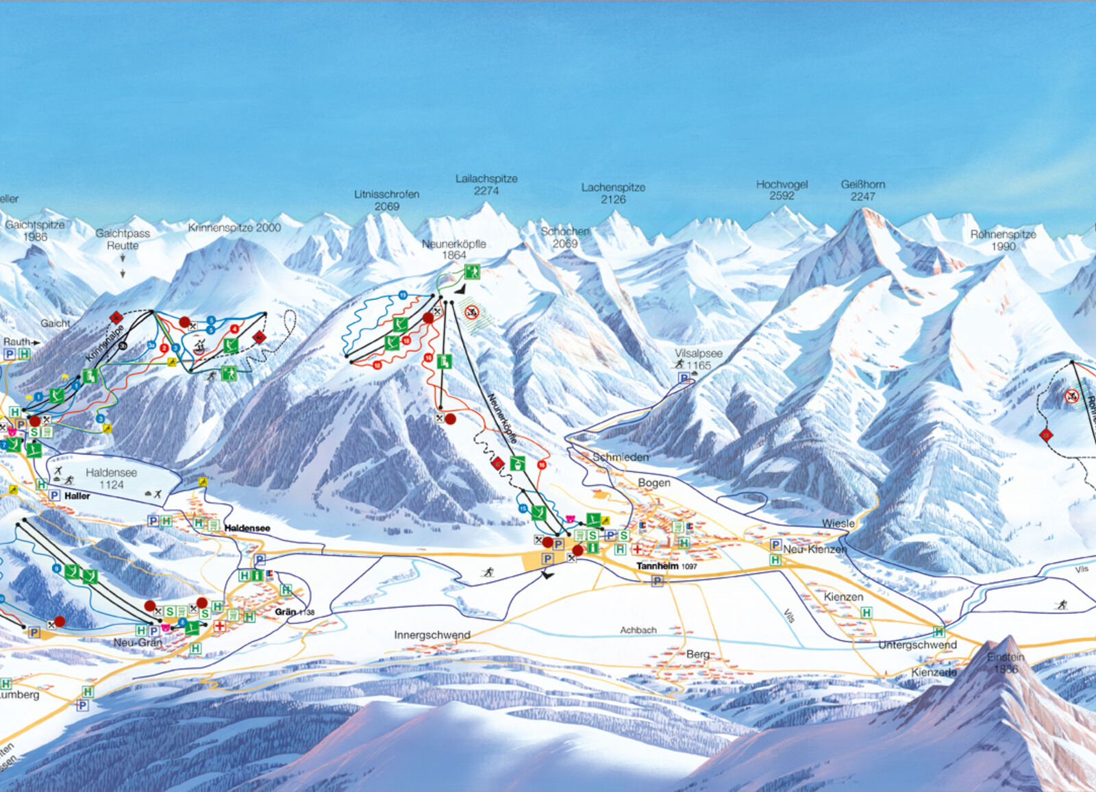 Pistenplan Skigebiet Schattwald / Zöblen im Tannheimertal