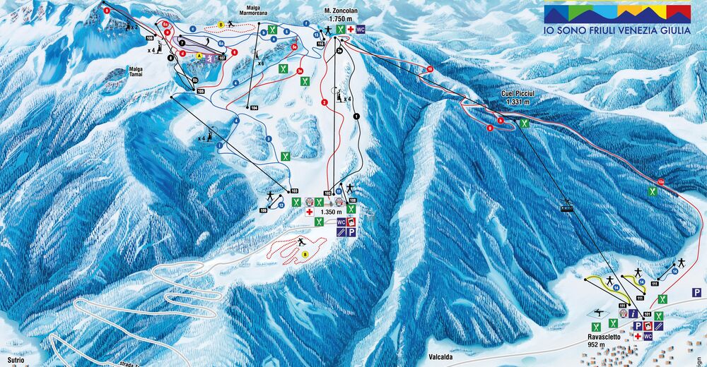 Pistenplan Skigebiet Ravascletto-Sutrio / Monte Zoncolan