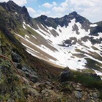 Seilversicherung beim Aufstieg aus dem Vetternkar zur Rotmandlspitze