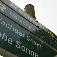 Beschilderung am Rennsteig mit Netz einer Spinne