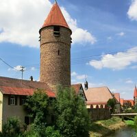 Partie an der Würm mit Seilerturm,  Spitalkapelle und Rotem Turm