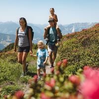 Familie wandert am Panoramaweg Wiedersberger Horn Alpbach