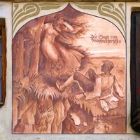 Die Sage vom Knopfmacherfelsen (Fassadenmalerei am Scharfen Eck in Fridingen)
