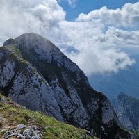 Blick Richtung Ammergauer Alpen und Plansee, von dem man ein kleines Zipfelchen sieht.  Im Vordergrund der zweite Säuling Gipfel mit dem Vermessungsstein als höchsten Punkt.