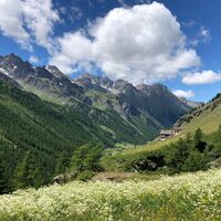 Alpe-Plane-Hütte und Blick auf das Tal