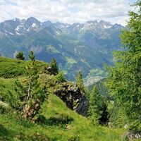Über sanfte Almwiesen aber abfallenden Geländes gelangen wir weiter hinunter ins Tal.