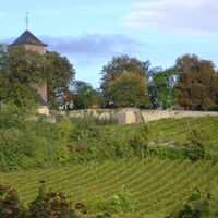 Blick von Osten auf St. Jakob Kirche und Schlossgarten 'Herxheim am Berg