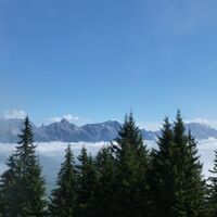Ausblick vom Alpenrosenweg auf das Nebelverhangene Saalachbecken, das Steinerne Meer und den Hochkönig