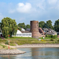 Mühlenturm mit Kolpinghaus und Trauerweide an der Promenade