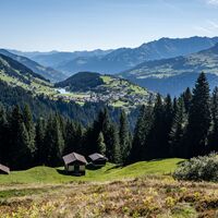 Aussicht vom Wanderweg Plaun da Plaids nach Brigels auf Brigels
