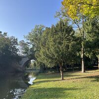 "Gotische Brücke" im Rückblick. Davor der "Rosseau-Hügel" mit seltenen Nadelbäumen