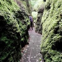 Wanderin zwischen den Felswänden in der Drachenschlucht im Mariental bei Eisenach