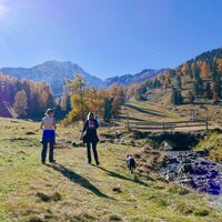 Blick bei der Brücke des Flusses La Printse de Tortin auf die Berggipfel von Mont Gelé