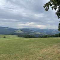 Hier nochmals das Panorama: Der Spitz ca in Bildmitte ist der Hohenstein, und der graue Riese etwas rechts im Hintergrund der Ötscher