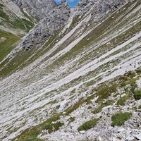 Absteigsweg zum grasigen Alblitjöchl, welches man im Hintergrund sieht.