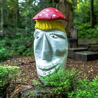 Fliegenpilz aus Holz leuchten im Pilzwald