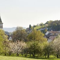 Blick auf Stahringen mit Streuobstwiesen und Kirchturm