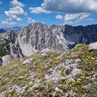 Jetzt endlich auf dem Gipfel der Neualpspitze, rechts die paar Steine, das ist das Gipfelensemble. Dahinter erkennbar der Liegfeistgrat und in der Mitte der breite Grat, das ist die Mitterkarspitze.