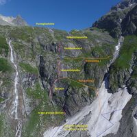 Hier gehts lang auf dem Klettersteig. Die lilafarbene Linie (rechts im Bild) stellt den Wanderweg dar.