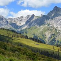 Blick auf Alpe Platzis mit Saulakopf und Zimba