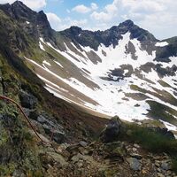 Seilversicherung beim Aufstieg aus dem Vetternkar zur Rotmandlspitze