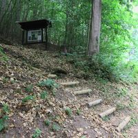 Info-Tafel und Aufgang zu den Erdschächten am Bergbaulehrpfad