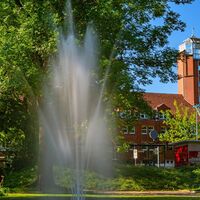 Wasserfontäne im Stadtpark Zeven mit Rathaus im Hintergrund