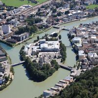 Ausblick vom Kleinen Barmstein auf die Pernerinsel in Hallein