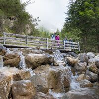 Familien-Weitwanderung im Gaistal - Familie steht auf Brücke und Schaut in die Ferne - Fluss im Vordergrund.jpg