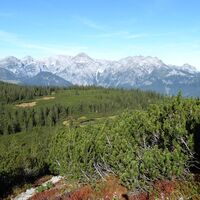 Der Abstieg in Blickrichtung Tennengebirge führt an weiteren Moorlacken vorbei.