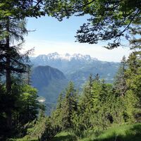 Der Pfad dreht Richtung Westen, damit rücken die Loferer Steinberge ins Bild.