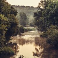 Die Jagst am Abend im leichten Nebel
