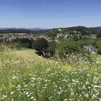 Blick vom Vogelherd auf Güttingen und die Hegau-Berge