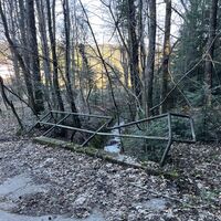 Nach dem Gymnasium rechts rauf auf Waldweg, hier hat offenbar ein Baumwurf das Geländer demoliert.