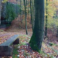 Bank an der Hochwaldgrotte bei Eisenach im Herbst