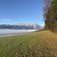 Kurz vom Waldrandweg nach links tretend, hier instruktiver Blick zum Untersbergmassiv. Unten der Salzachtalnebel.