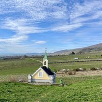 Weingartenkapelle mit Rückblick nach Gumpoldskirchen, im Hintergrund der Schneeberg