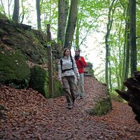 Wanderer auf dem Rodalber Felsenwanderweg bei der Bärenhöhle