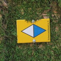 Die Markierung des Hochrhein-Höhenwegs weist die Richtung.