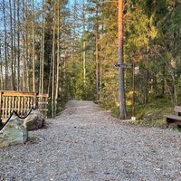 Breiter Sandweg, rechts eine Holzbank und links das Brückenende