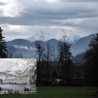 Der Watzmannblick in einer Grafik aus dem Jahr 1835 und so wie er sich auch heute noch präsentiert.