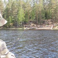 Junge angelt am Angelsteg des Hoikanlammen
