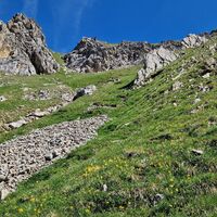 Blick nach oben, und auf halbem Weg zum Gipfel sieht man dann den grasigen Durchstieg ganz oben in der Bildmitte.