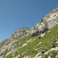 vor dem Gipfel quert man unter dem Fels