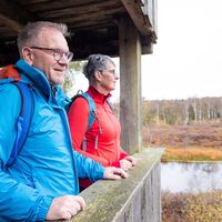 Wanderer auf dem Aussichtsturm im Hochmoor Mecklenbruch