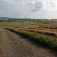Blick über Holzleuten zur Alb