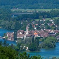 Blick von Klingenzell auf Stein am Rhein und die Insel Werd
