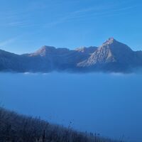 Jetzt kommt man raus aus dem Wald und der Nebel geht immer weiter runter, Blick Richtung Roter Stein.